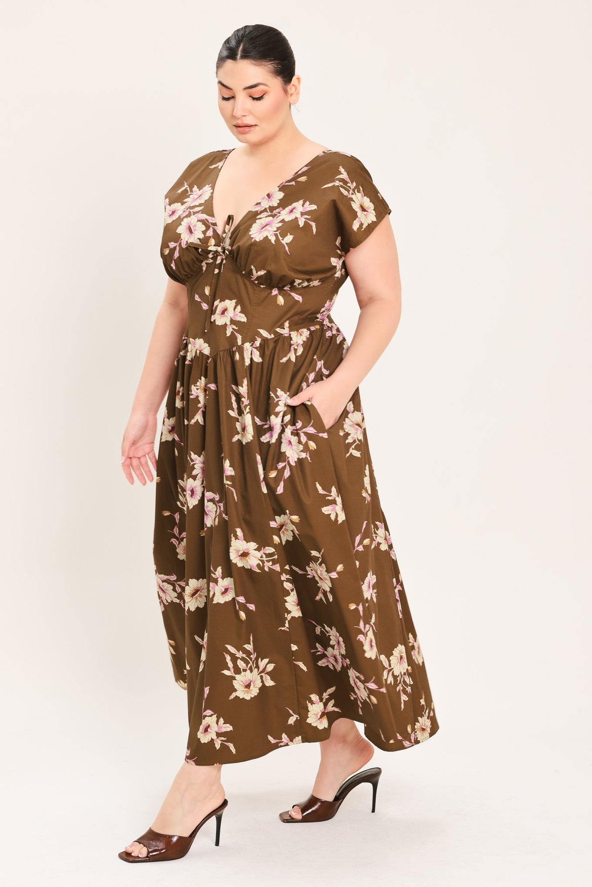 Flying Tomato Brown Daisy Woven Midi Dress - MeeeShop Women's Fashion