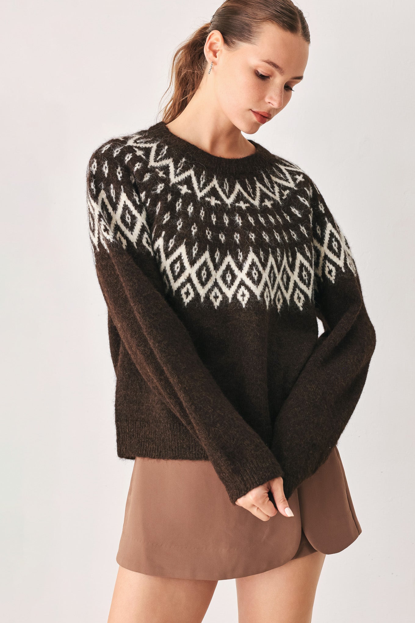 Flying Tomato Cabin Light Serenade Sweater Knit Pullover Top in DARK BROWN - Fall Wardrobe Essential - Top Sweater