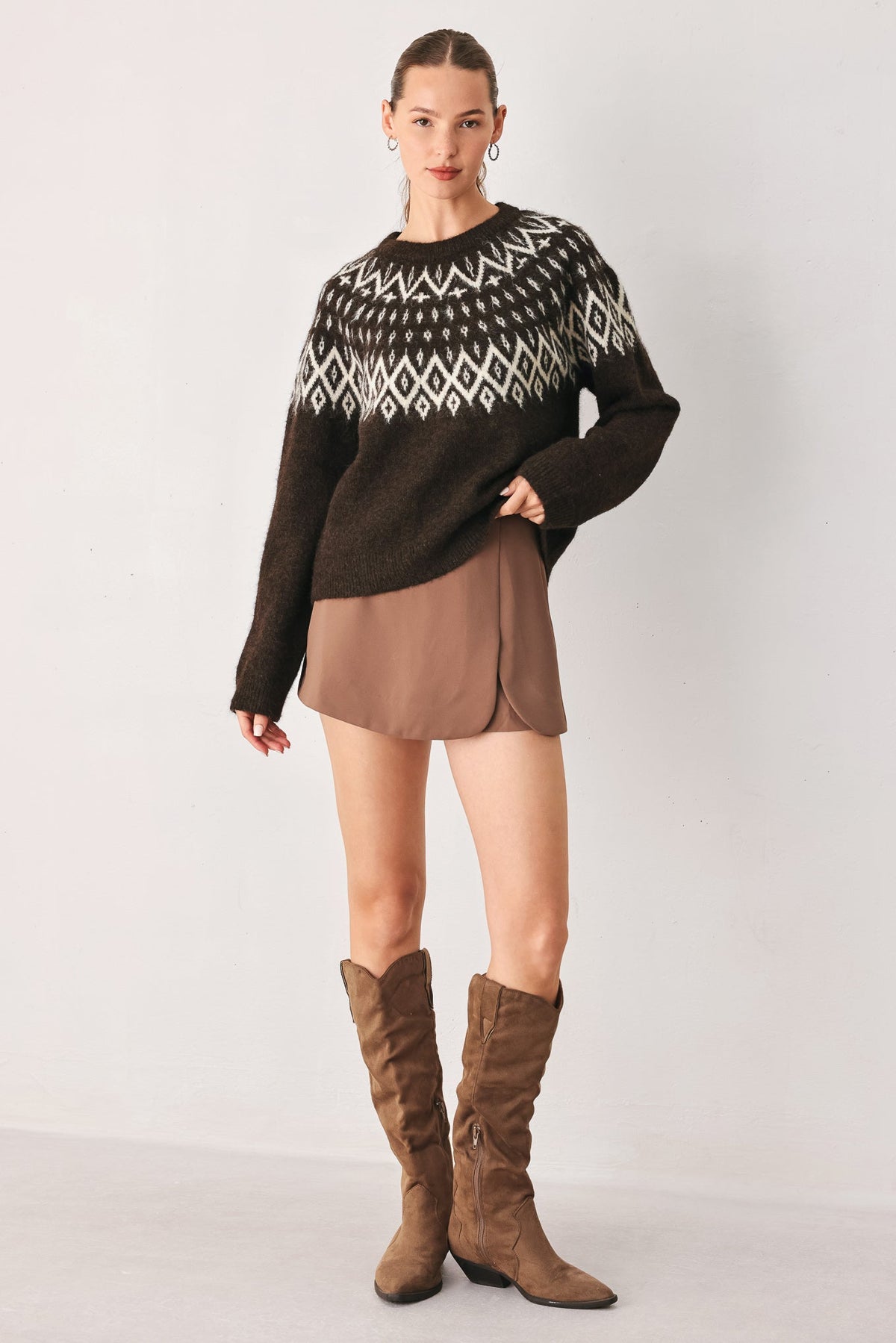 Flying Tomato Cabin Light Serenade Sweater Knit Pullover Top in DARK BROWN view 3 - Fall Wardrobe Essential - Top Sweater