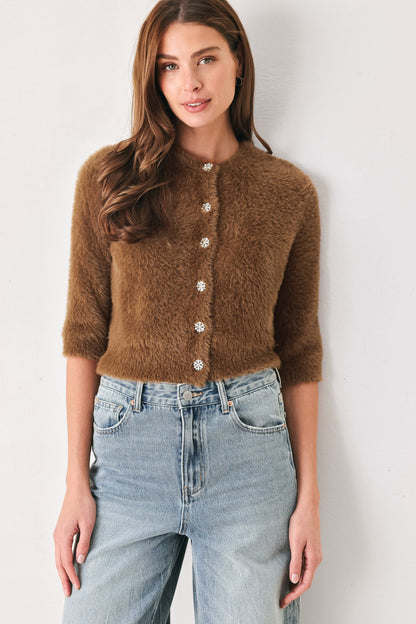 Flying Tomato Camel Classic Camel/off White Elbow-sleeve Cardigan Top in CAMEL - Classic Camel Jacket