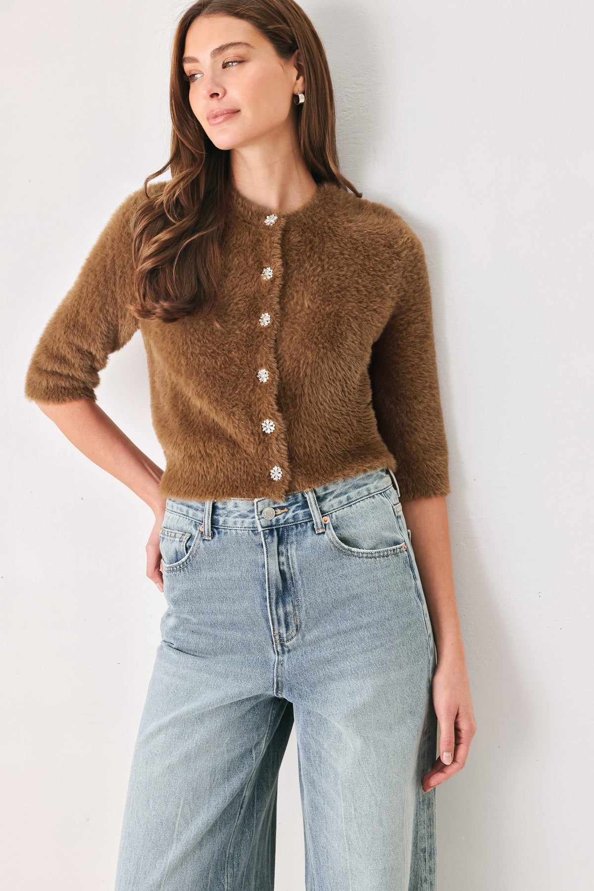 Flying Tomato Camel Classic Camel/off White Elbow-sleeve Cardigan Top in OFF WHITE view 4 - Classic Camel Jacket