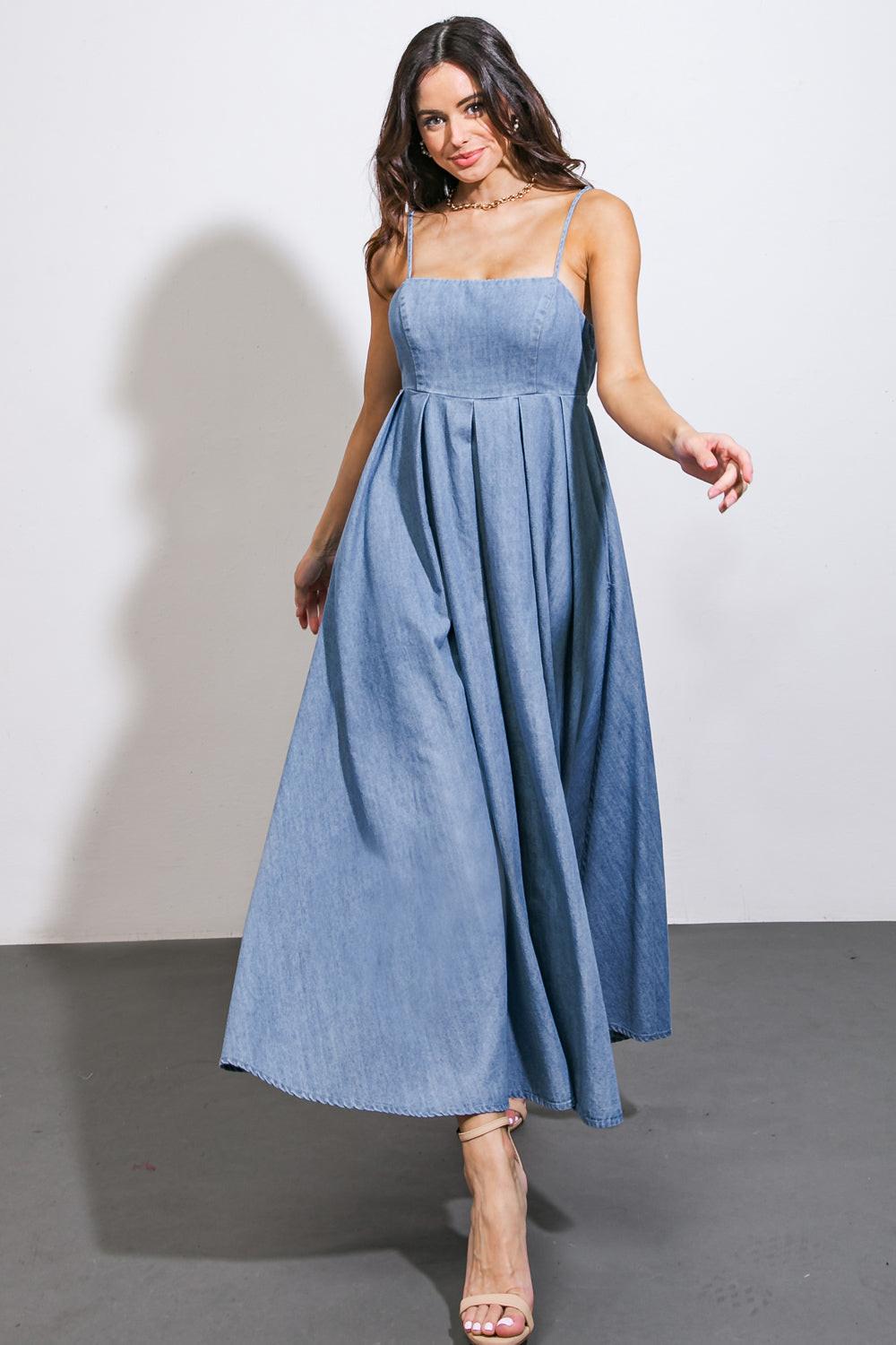 Flying Tomato Captivating Heart Denim Midi Dress in LIGHT INDIGO view 3