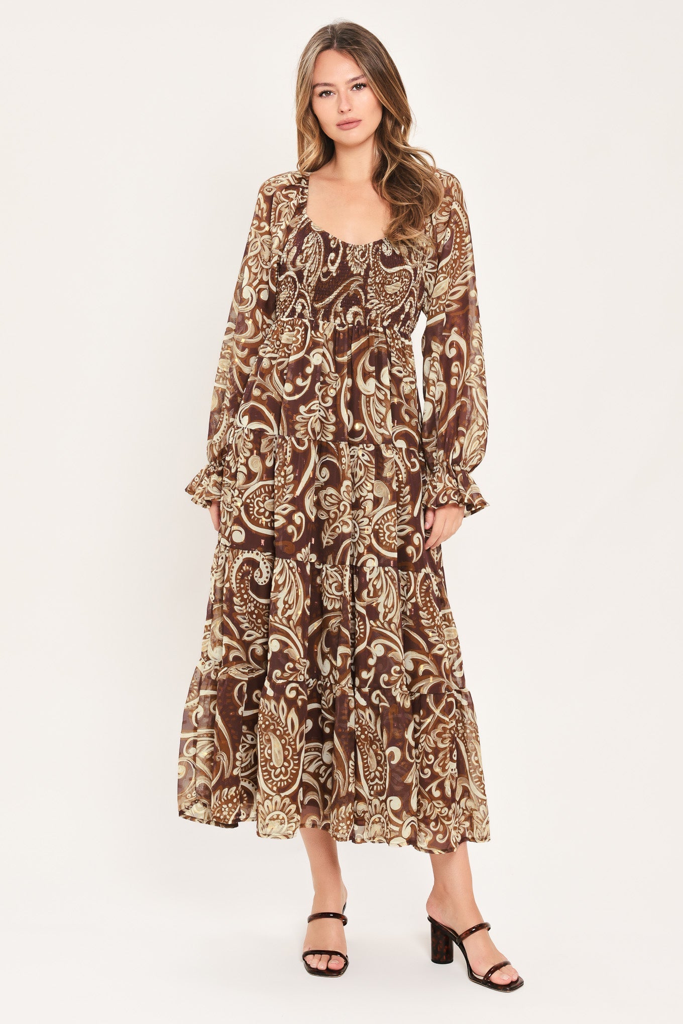 Flying Tomato Cedar Swirl Sonata Woven Midi Dress in COFFEE