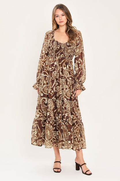 Flying Tomato Cedar Swirl Sonata Woven Midi Dress in COFFEE