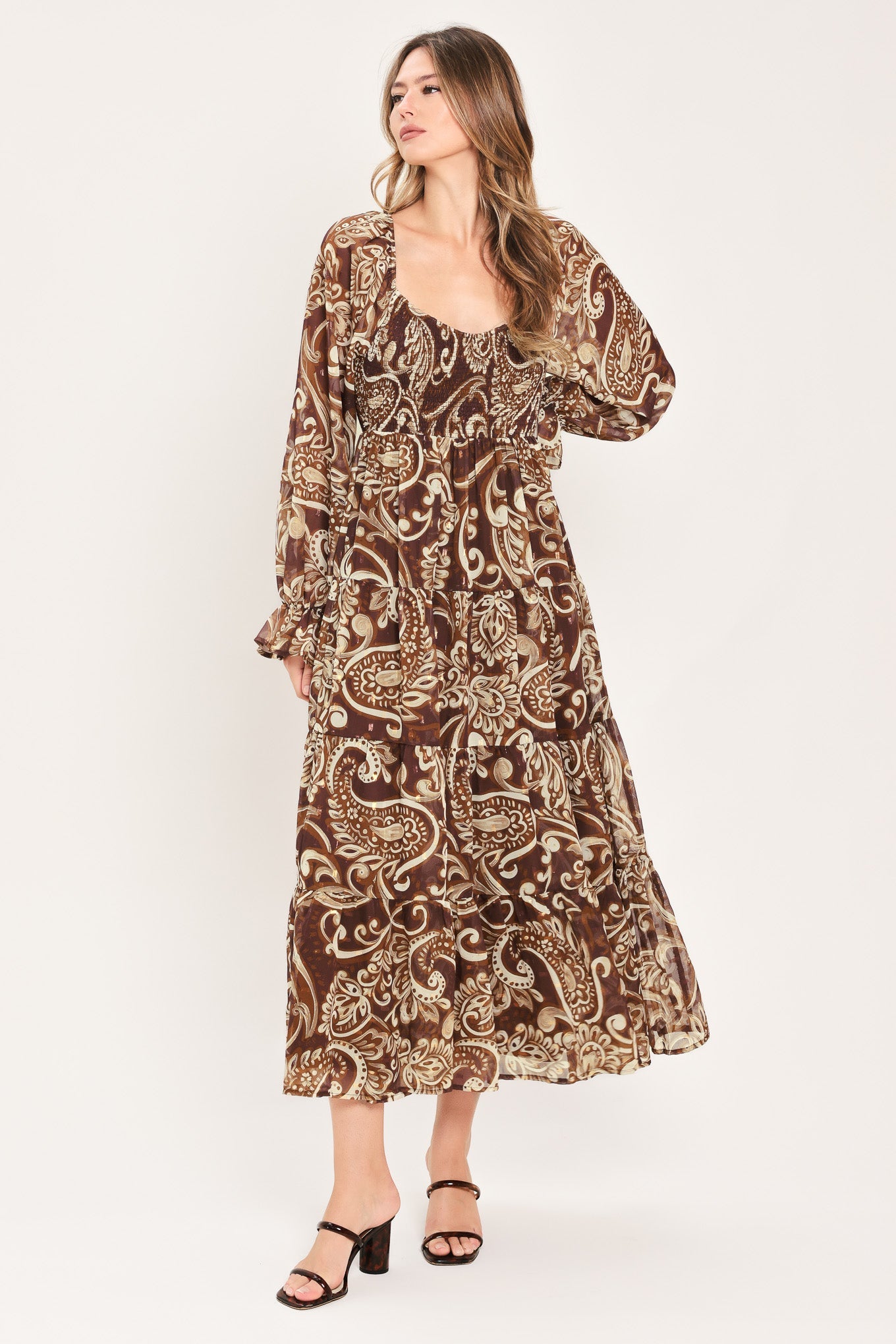 Flying Tomato Cedar Swirl Sonata Woven Midi Dress in COFFEE view 3