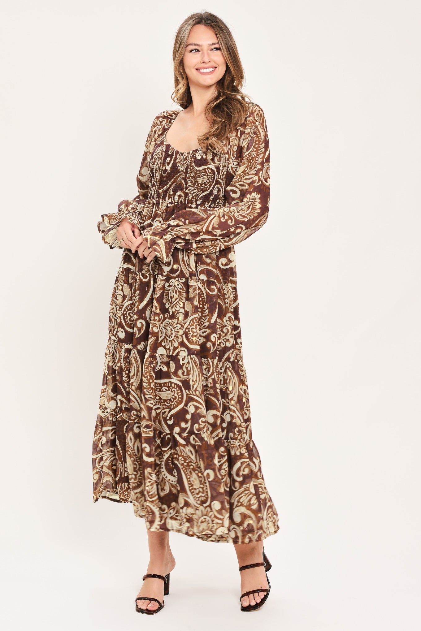 Flying Tomato Cedar Swirl Sonata Woven Midi Dress in COFFEE view 5