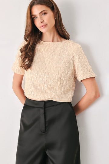 Flying Tomato Champagne Whisper Sequin Eyelash Mesh Cropped Top in CHAMPAGNE