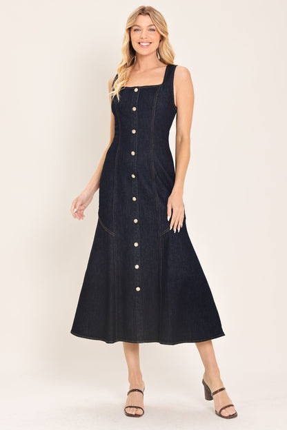 Flying Tomato Chelsea Denim Midi Dress in DARK INDIGO view 3 - Chelsea Studio Denim Dress