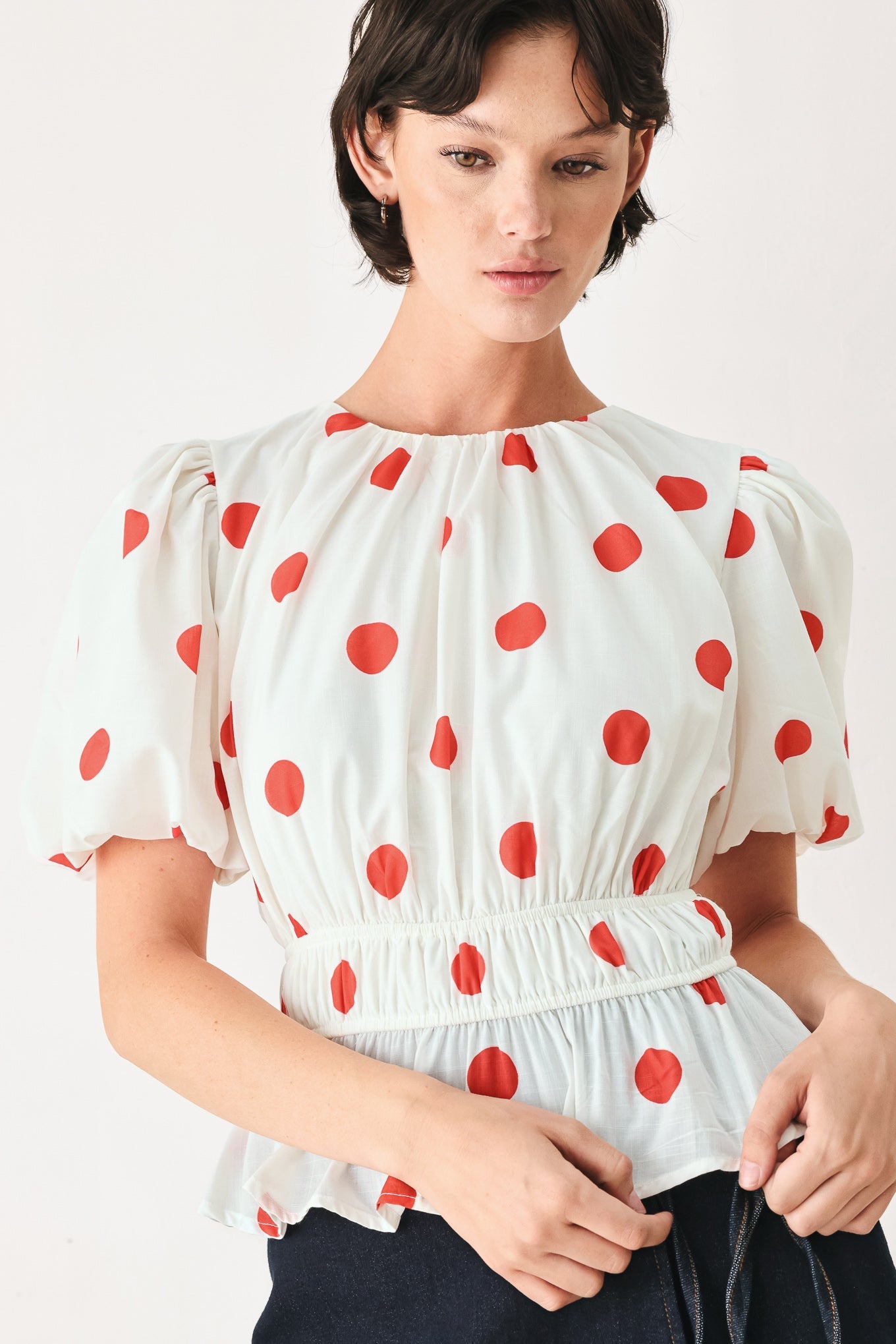 Flying Tomato Cherry Kiss Polka Dot Woven Top in WHITE MULTI view 3 - Pol Top
