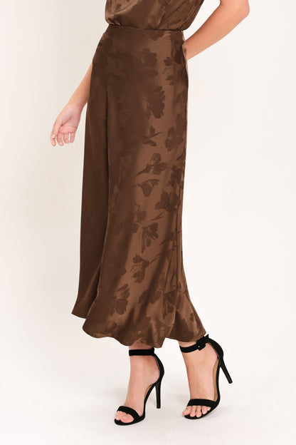 Flying Tomato Chocolate Floral Woven Jacquard Midi Skirt in BROWN view 3 - Chocolate Floral Dress