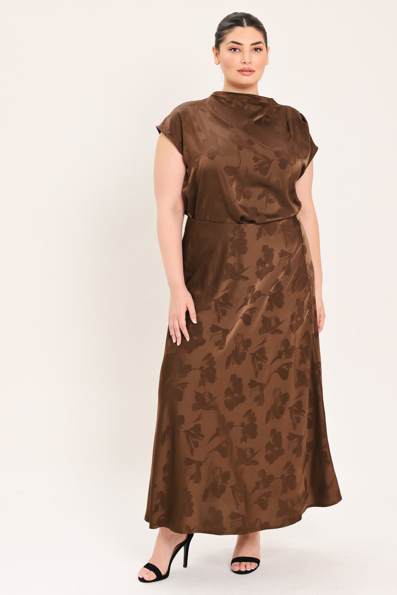 Flying Tomato Chocolate Floral Woven Jacquard Midi Skirt view 8 - Chocolate Floral Dress
