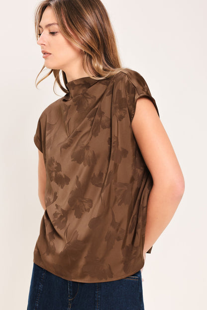 Flying Tomato Chocolate Floral Woven Jacquard Top in BROWN view 3 - Chocolate Floral Blouse