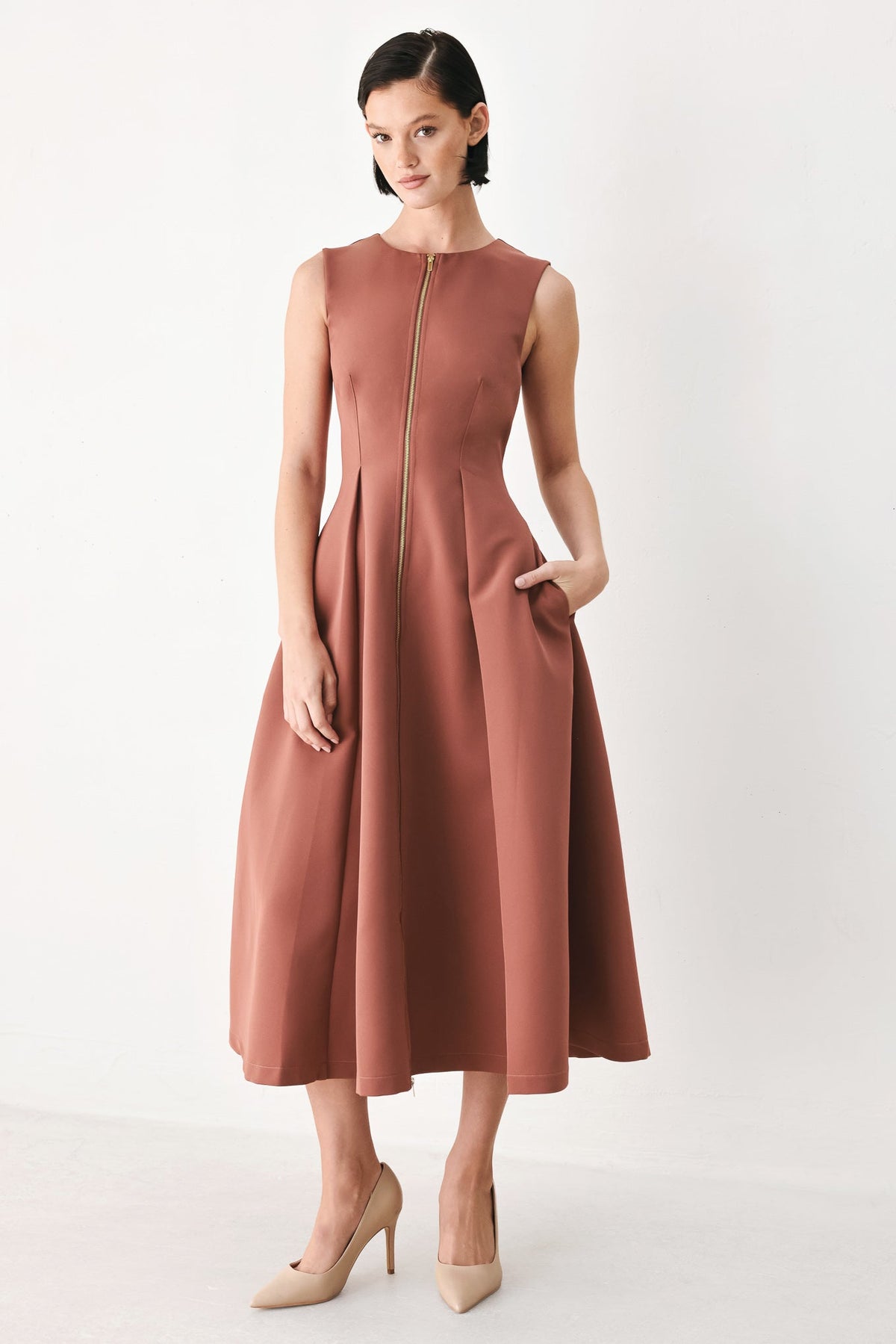 Flying Tomato Clay Modern Sway Woven Midi Dress in LIGHT BEIGE view 9