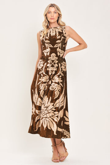 Flying Tomato Cocoa Bloom Brown Printed Velvet Circle-skirt Midi Dress in BROWN - Dress Skirt