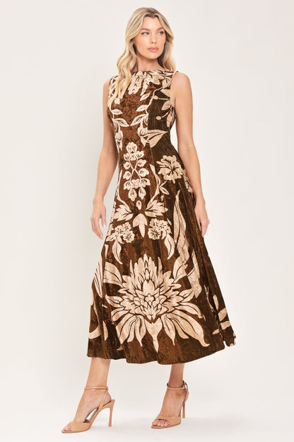 Flying Tomato Cocoa Bloom Brown Printed Velvet Circle-skirt Midi Dress view 4 - Dress Skirt