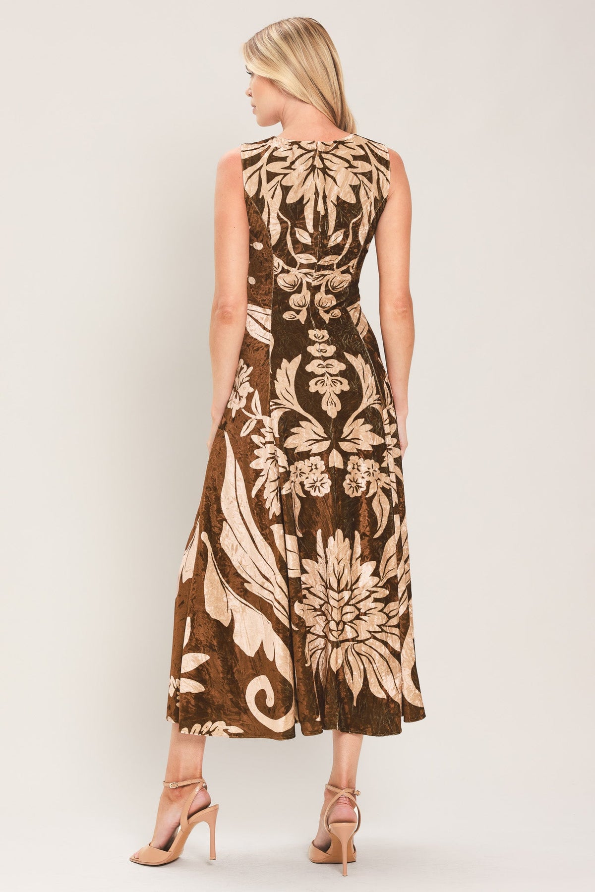 Flying Tomato Cocoa Bloom Brown Printed Velvet Circle-skirt Midi Dress view 6 - Dress Skirt