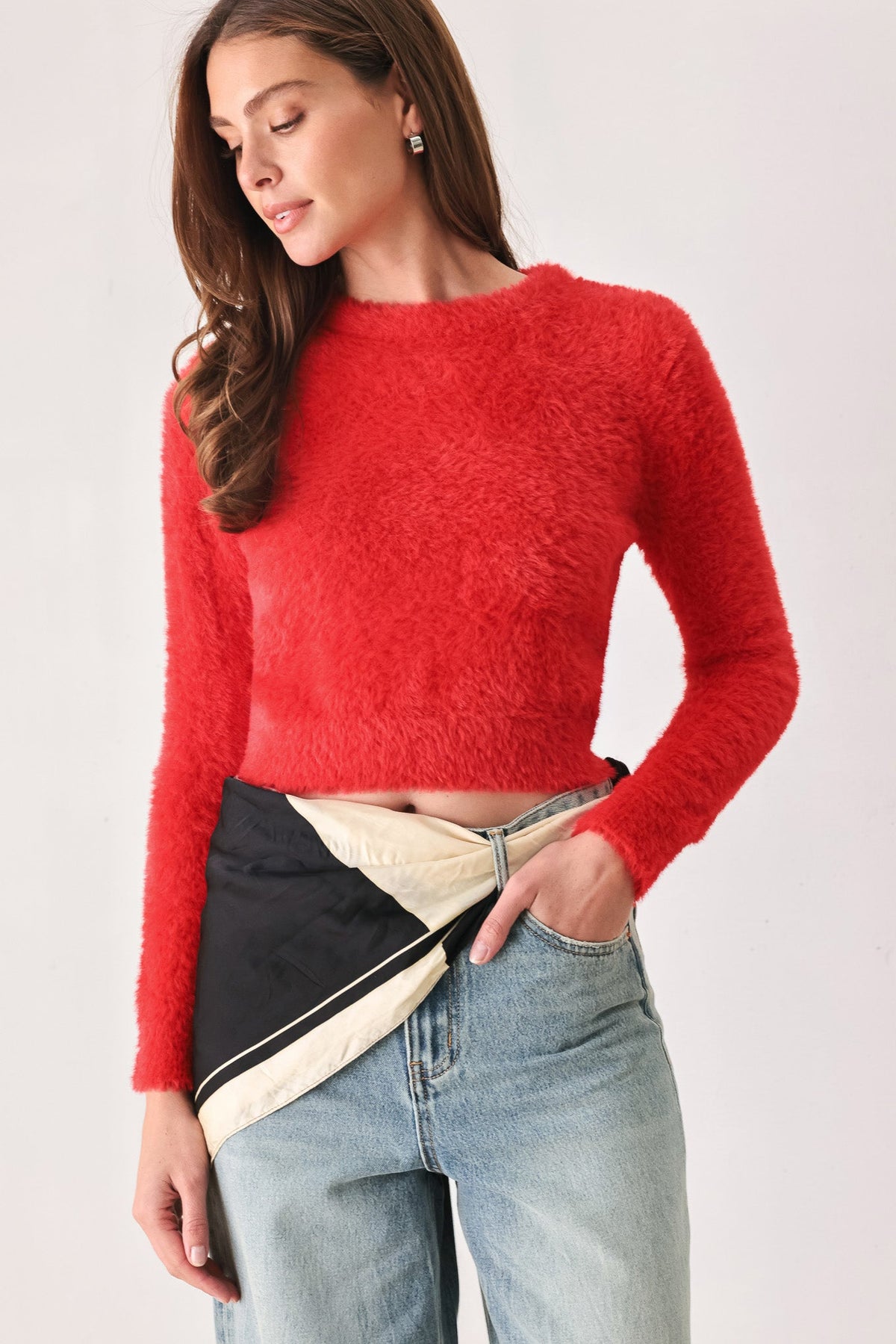 Flying Tomato Color Pop Fuzzy Sweater Top in COBALT BLUE view 2 - Color Pop Hoodie