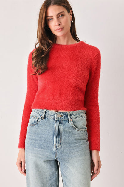 Flying Tomato Color Pop Fuzzy Sweater Top in RED view 6 - Color Pop Hoodie