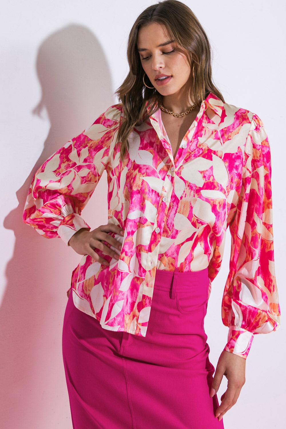 Flying Tomato Coming to My Senses Woven Top in FUCHSIA IVORY
