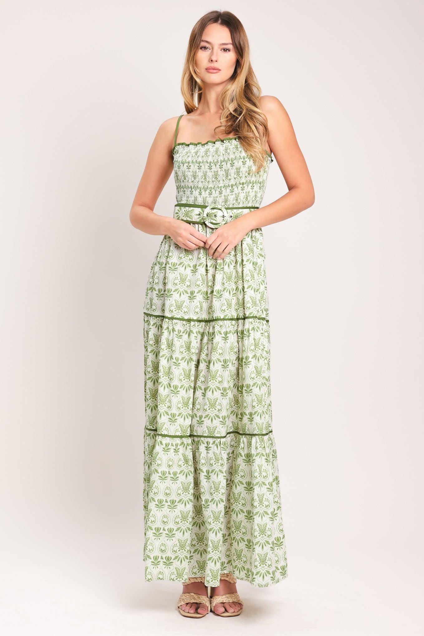 Flying Tomato Dainty Flora Woven Maxi Dress in CAMEL view 2 - Dainty Floral Dress
