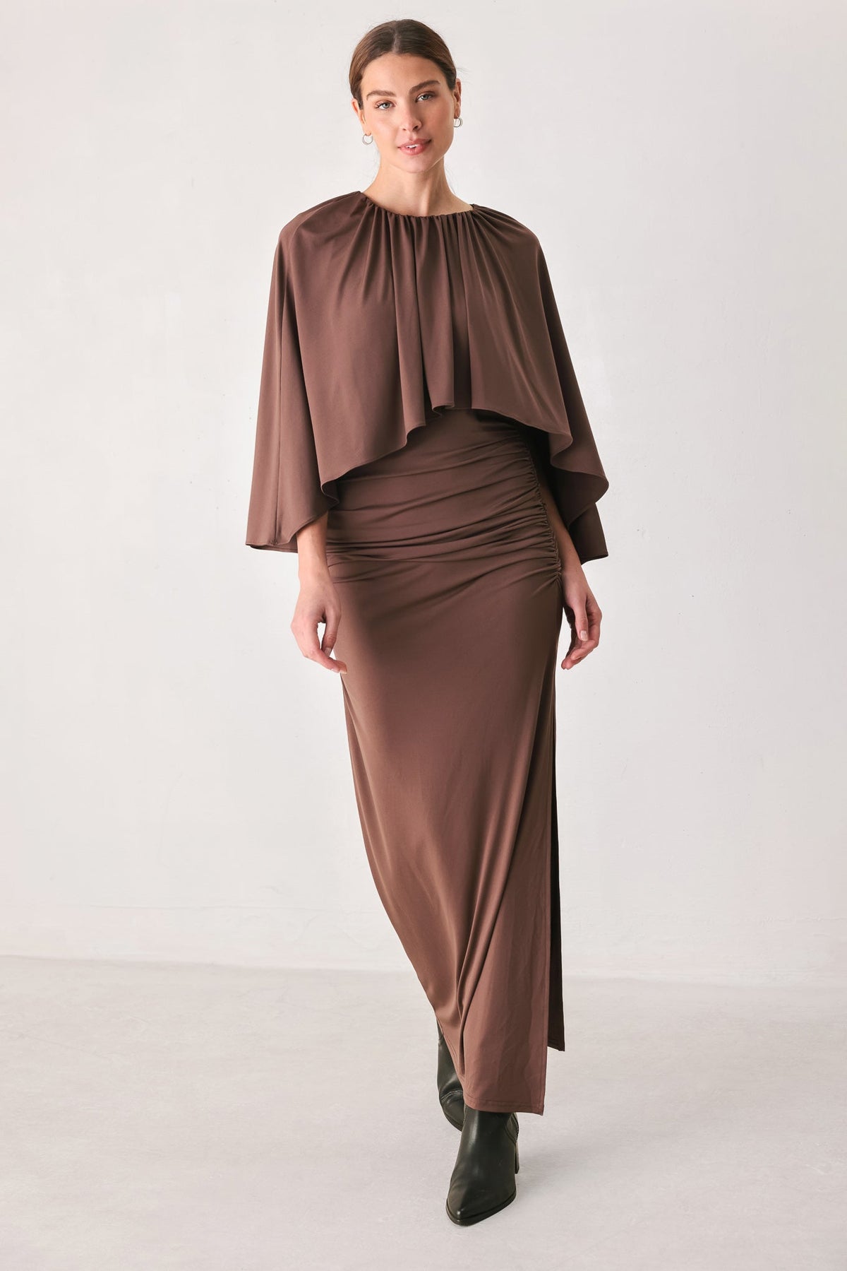 Flying Tomato Dusty Rose Drape Mauve Caplet Shirred Midi Dress in MAUVE - Dusty Rose Dress For Wedding