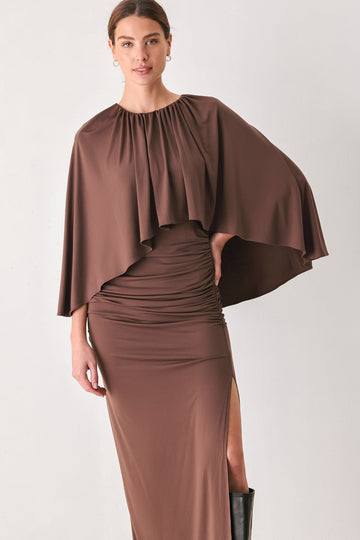 Flying Tomato Dusty Rose Drape Mauve Caplet Shirred Midi Dress in MAUVE view 2 - Dusty Rose Dress For Wedding