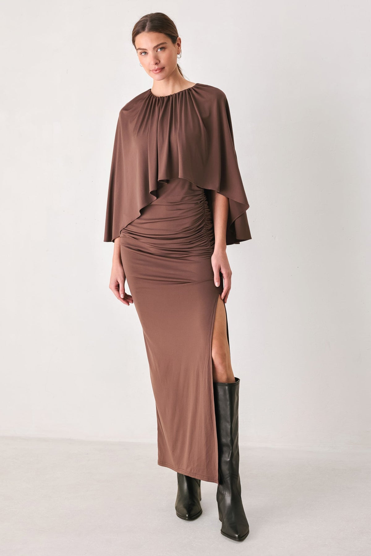 Flying Tomato Dusty Rose Drape Mauve Caplet Shirred Midi Dress in MAUVE view 3 - Dusty Rose Dress For Wedding