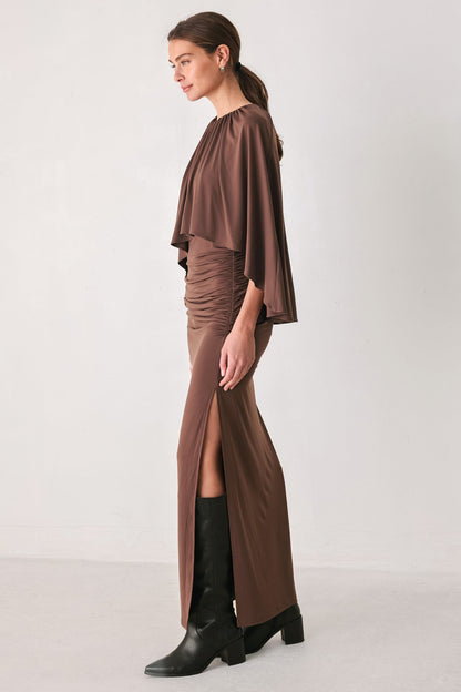 Flying Tomato Dusty Rose Drape Mauve Caplet Shirred Midi Dress view 4 - Dusty Rose Dress For Wedding
