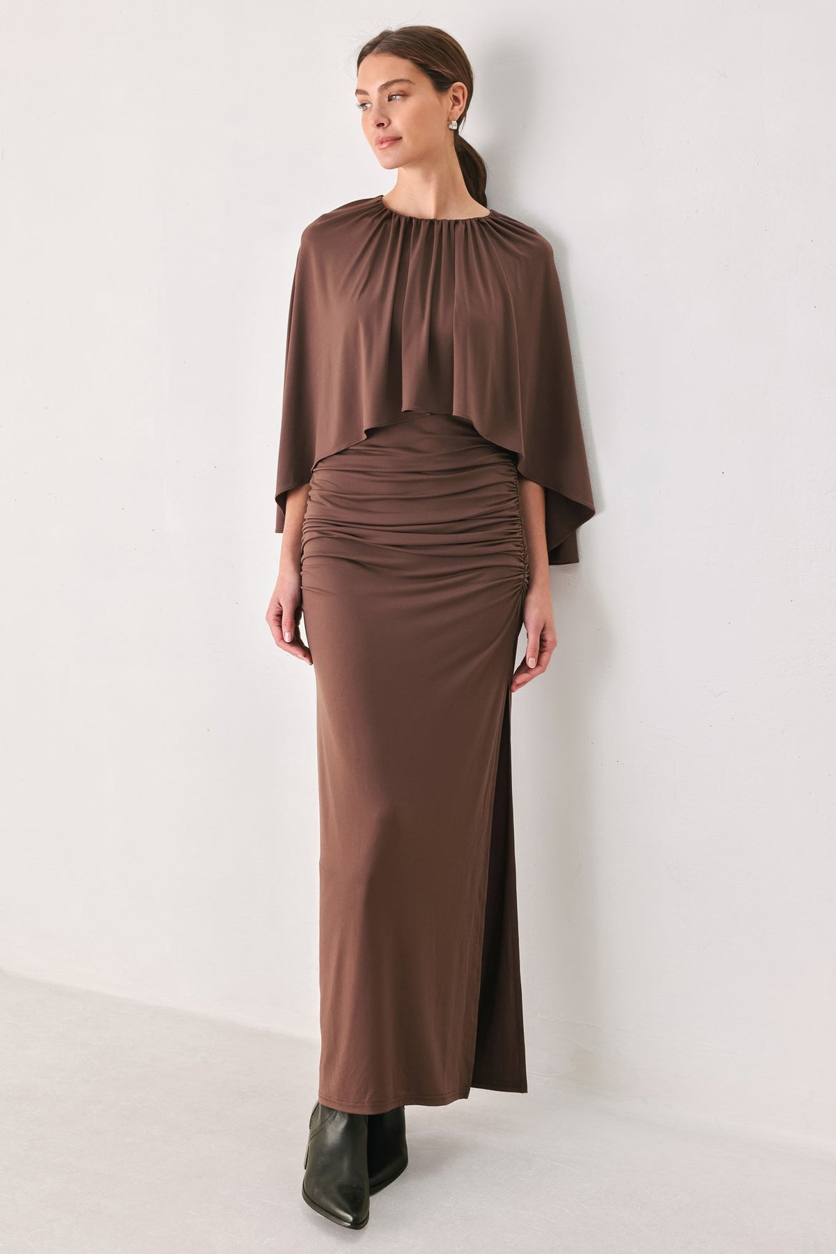 Flying Tomato Dusty Rose Drape Mauve Caplet Shirred Midi Dress view 5 - Dusty Rose Dress For Wedding