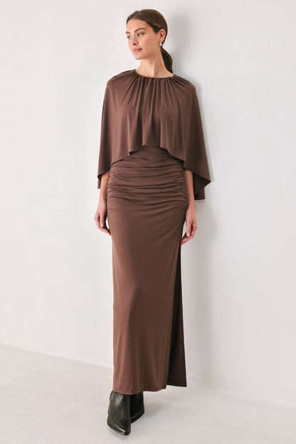 Flying Tomato Dusty Rose Drape Mauve Caplet Shirred Midi Dress view 5 - Dusty Rose Dress For Wedding