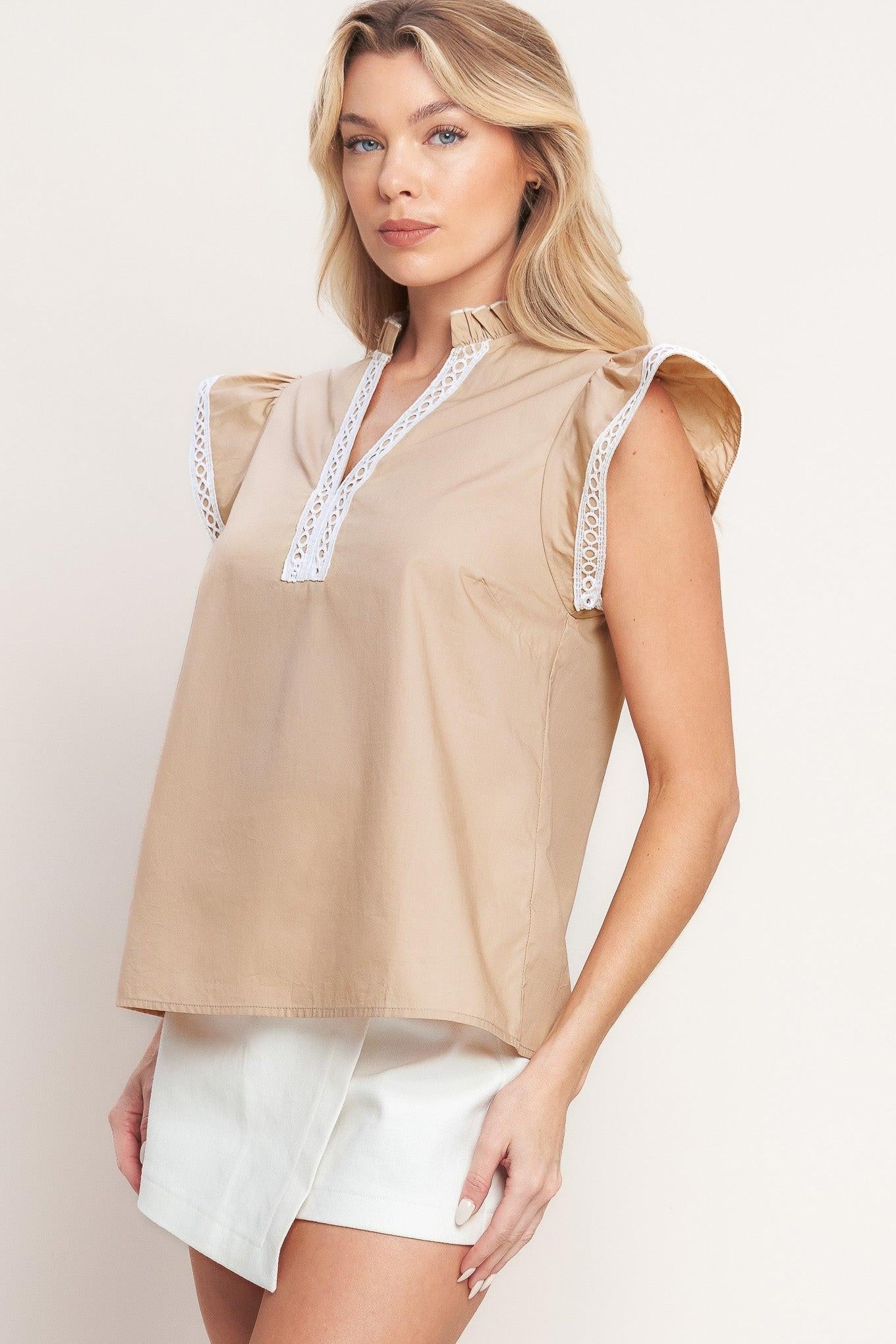 Flying Tomato Easy to Admire Woven Top in TAUPE view 2