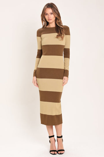 Flying Tomato Espresso & Cream Sweater Knit Midi Dress in BROWN - Fall Wardrobe Essential - Dress Sweater