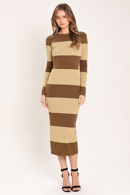 Flying Tomato Espresso & Cream Sweater Knit Midi Dress in BROWN - Fall Wardrobe Essential - Dress Sweater