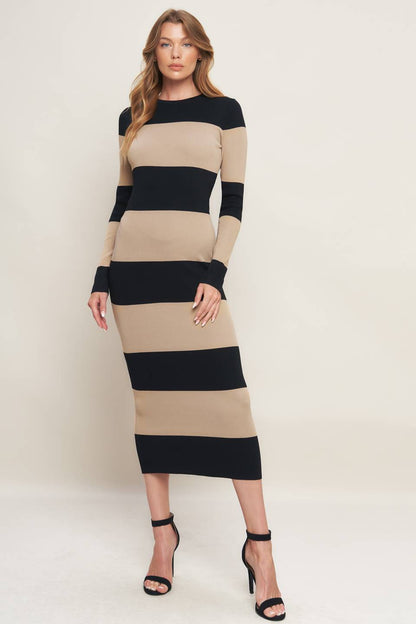 Flying Tomato Espresso & Cream Sweater Knit Midi Dress in BROWN view 2 - Fall Wardrobe Essential - Dress Sweater