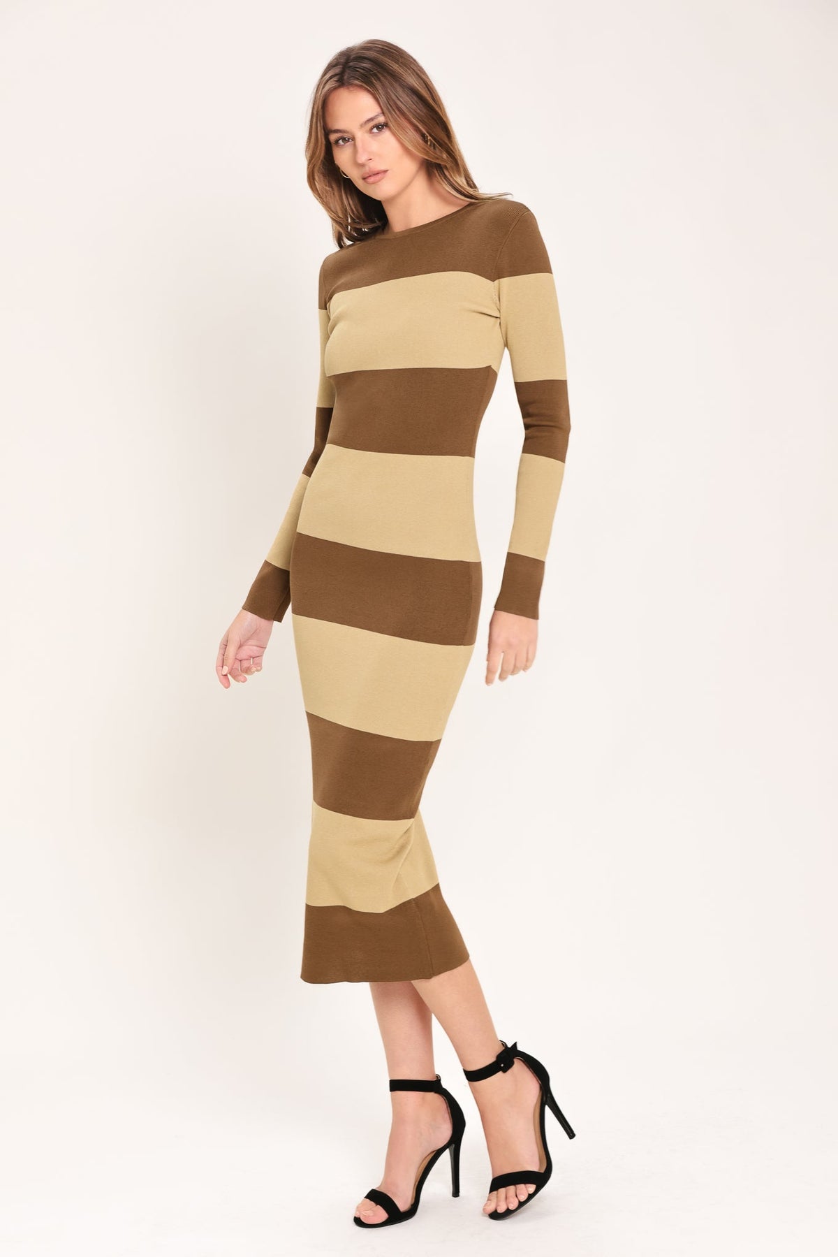 Flying Tomato Espresso & Cream Sweater Knit Midi Dress in BLACK TAUPE view 6 - Fall Wardrobe Essential - Dress Sweater
