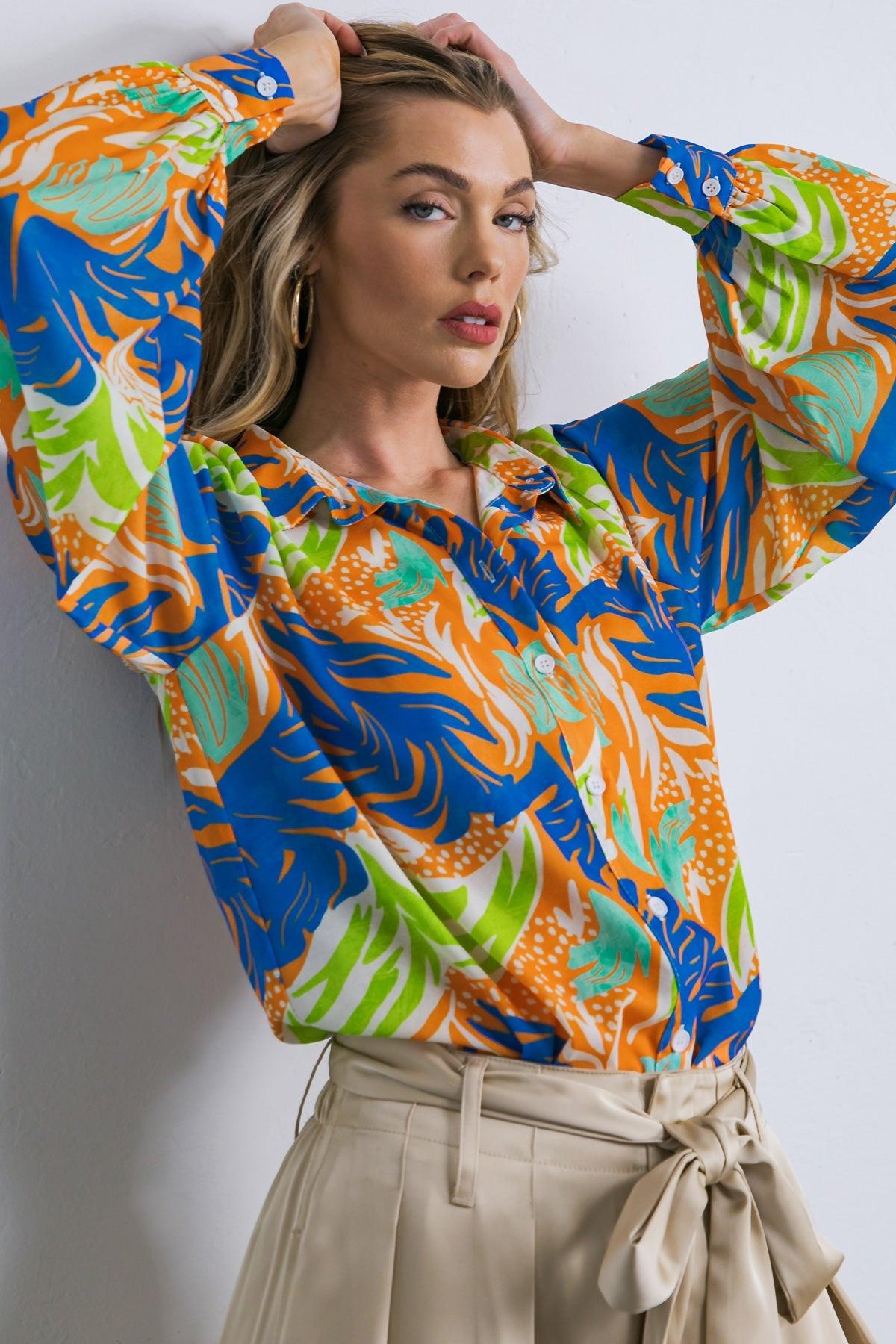 Flying Tomato Esteemed Moment Woven Top in ORANGE/BLUE view 5 - Esteemed Model