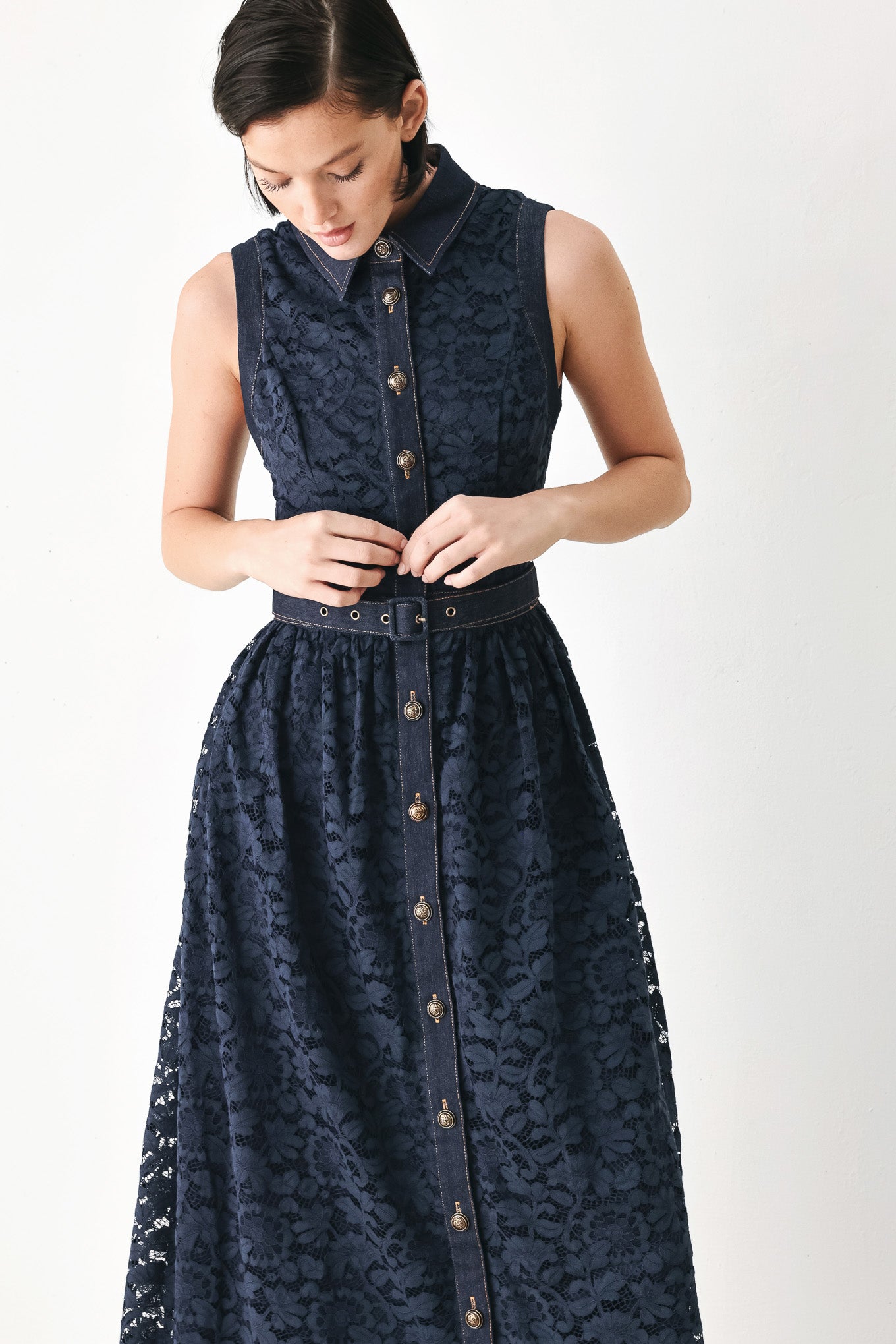 Flying Tomato Evening Lace Chapter Woven Midi Dress in NAVY/DARK DENIM view 2 - Evening Lace Dresses Long