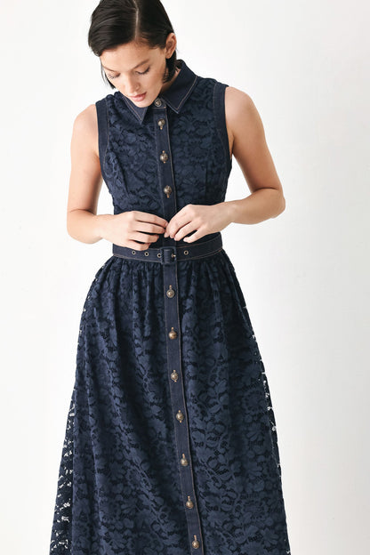 Flying Tomato Evening Lace Chapter Woven Midi Dress in NAVY/DARK DENIM view 2 - Evening Lace Dresses Long