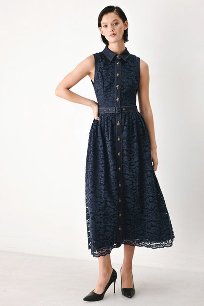 Flying Tomato Evening Lace Chapter Woven Midi Dress in NAVY/DARK DENIM view 3 - Evening Lace Dresses Long