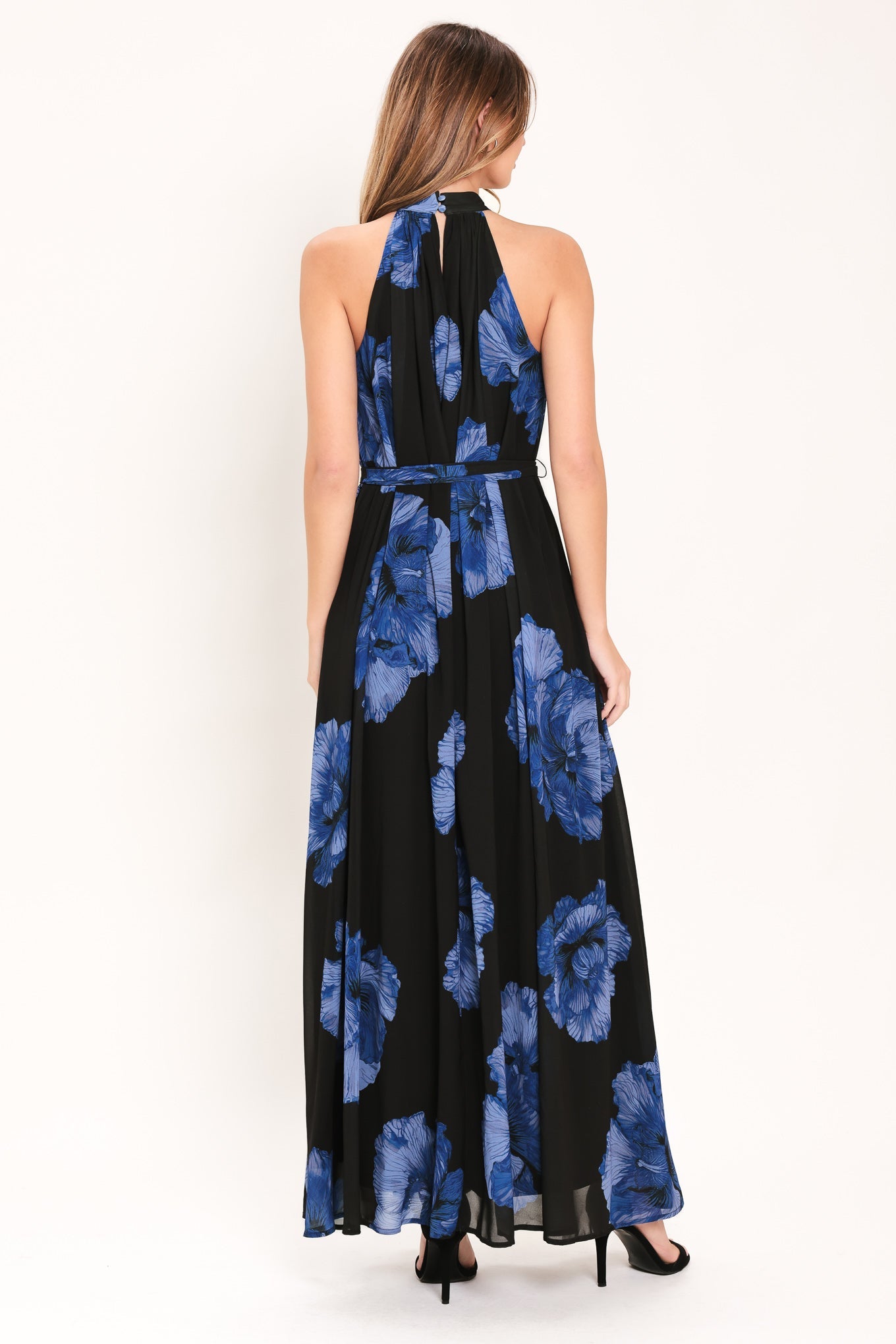 Flying Tomato Evening Orchard Woven Halter Maxi Dress in BLACK / BLUE view 6 - Evening Dress Orchard