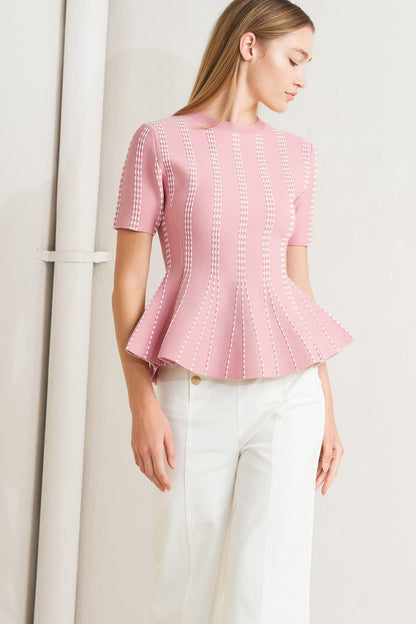 Flying Tomato Evening Rustle Jacquard Sweater Top in PINK/WHITE view 10 - Evening Sweater Set
