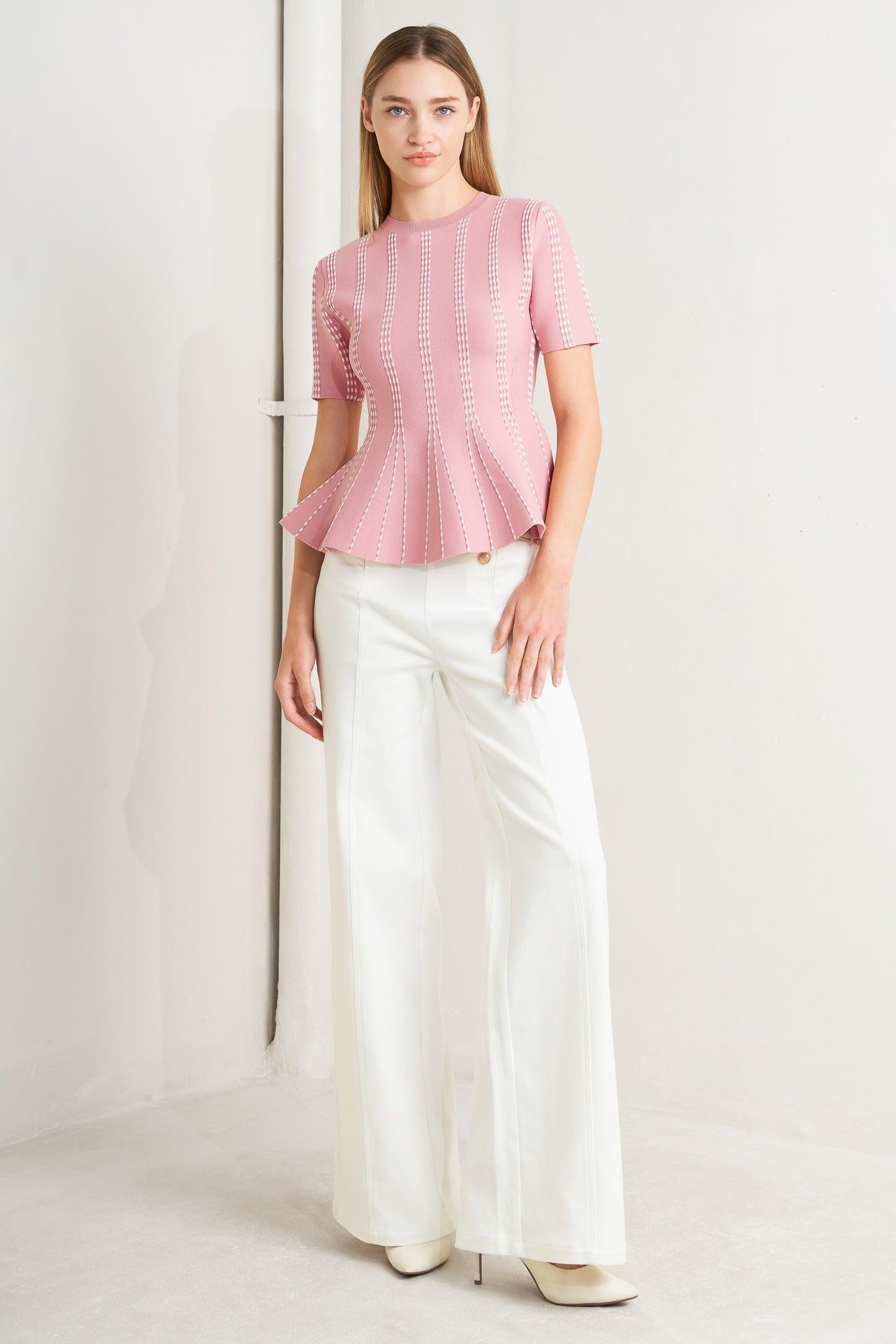 Flying Tomato Evening Rustle Jacquard Sweater Top in PINK/WHITE view 11 - Evening Sweater Set