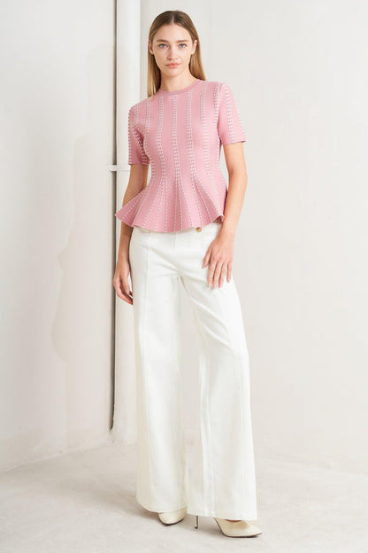 Flying Tomato Evening Rustle Jacquard Sweater Top in PINK/WHITE view 11 - Evening Sweater Set