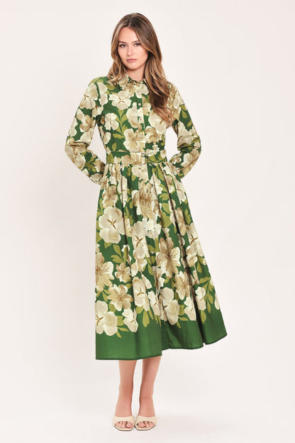 Flying Tomato Evergreen Camellia Dream Woven Midi Shirt Dress in GREEN
