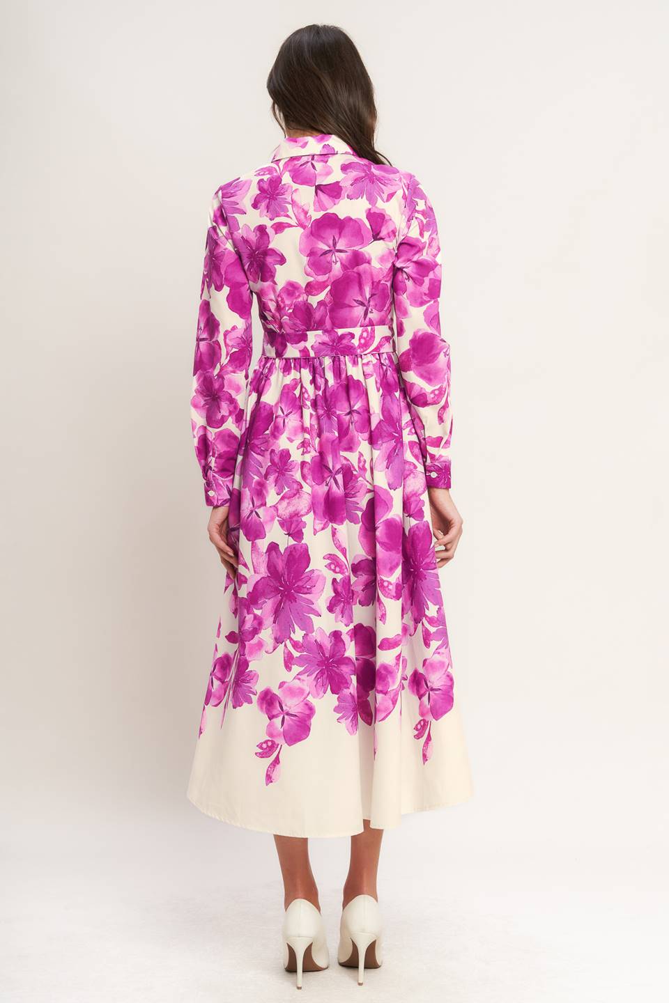 Flying Tomato Evergreen Camellia Dream Woven Midi Shirt Dress in IVORY FUCHSIA FLORAL view 12