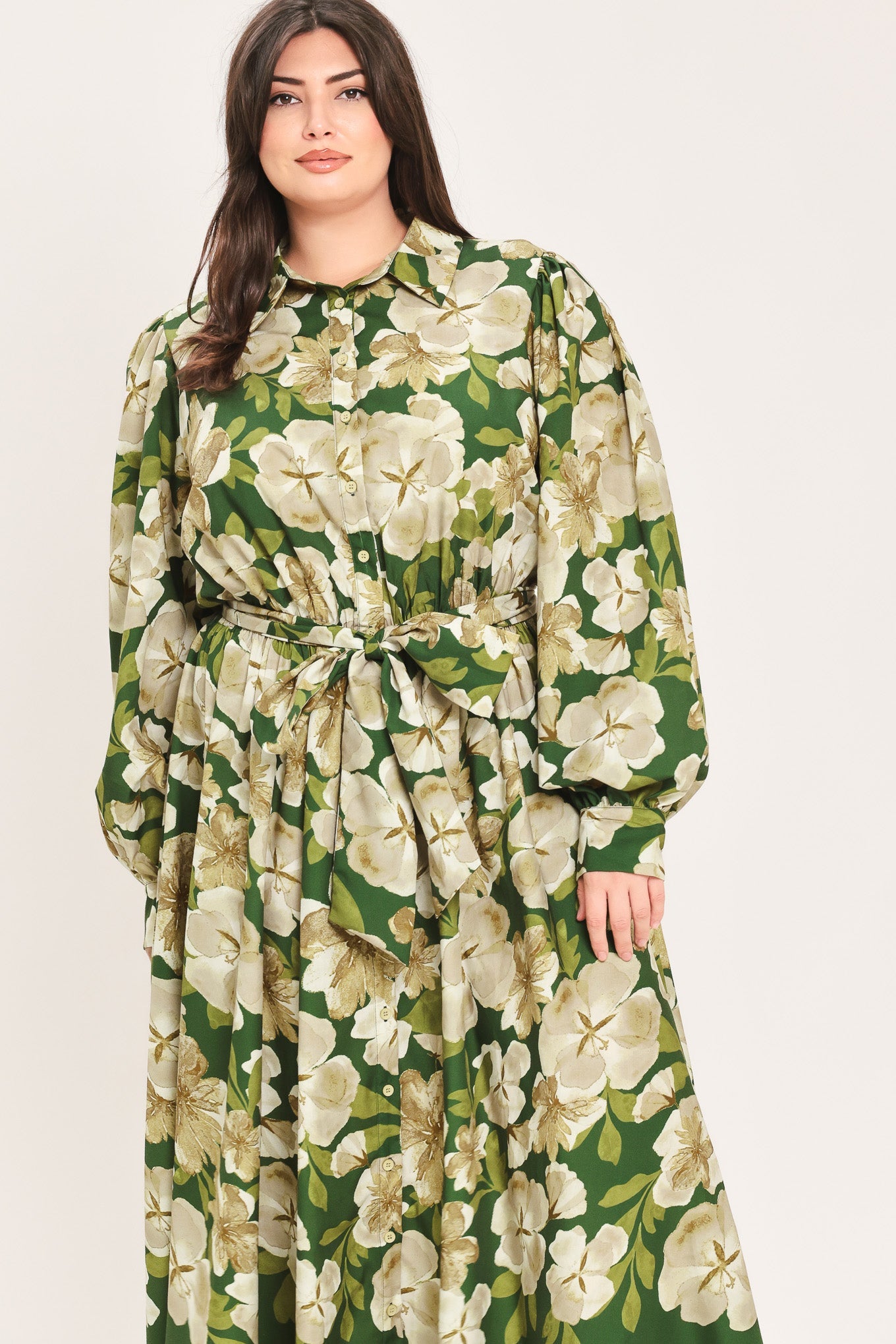 Flying Tomato Evergreen Camellia Dream Woven Midi Shirt Dress view 13