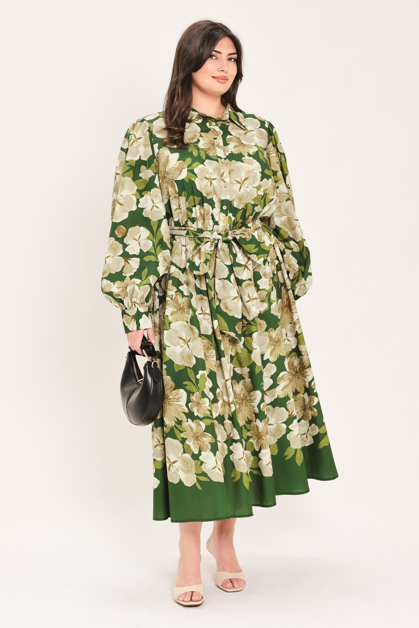 Flying Tomato Evergreen Camellia Dream Woven Midi Shirt Dress view 14