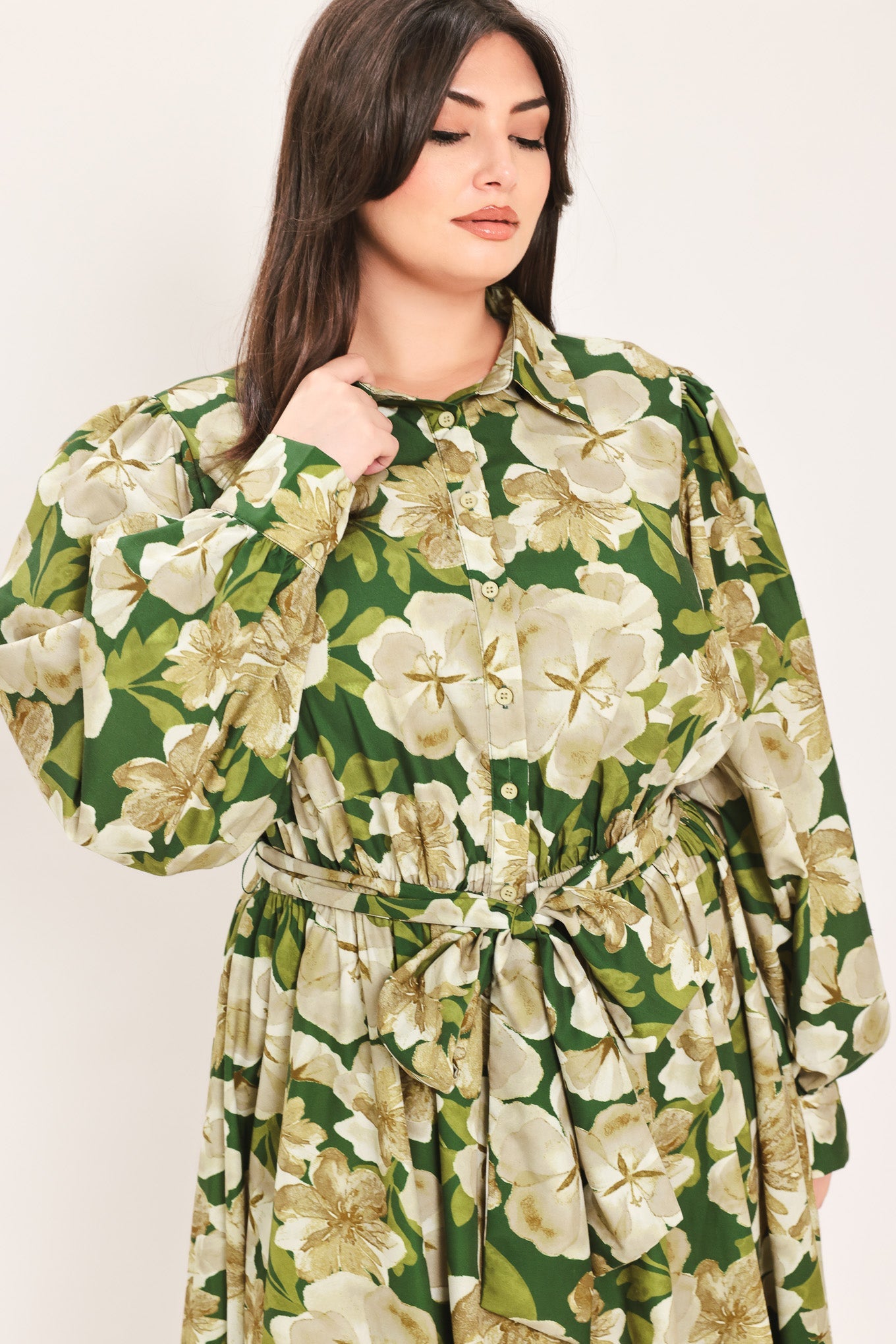 Flying Tomato Evergreen Camellia Dream Woven Midi Shirt Dress view 15