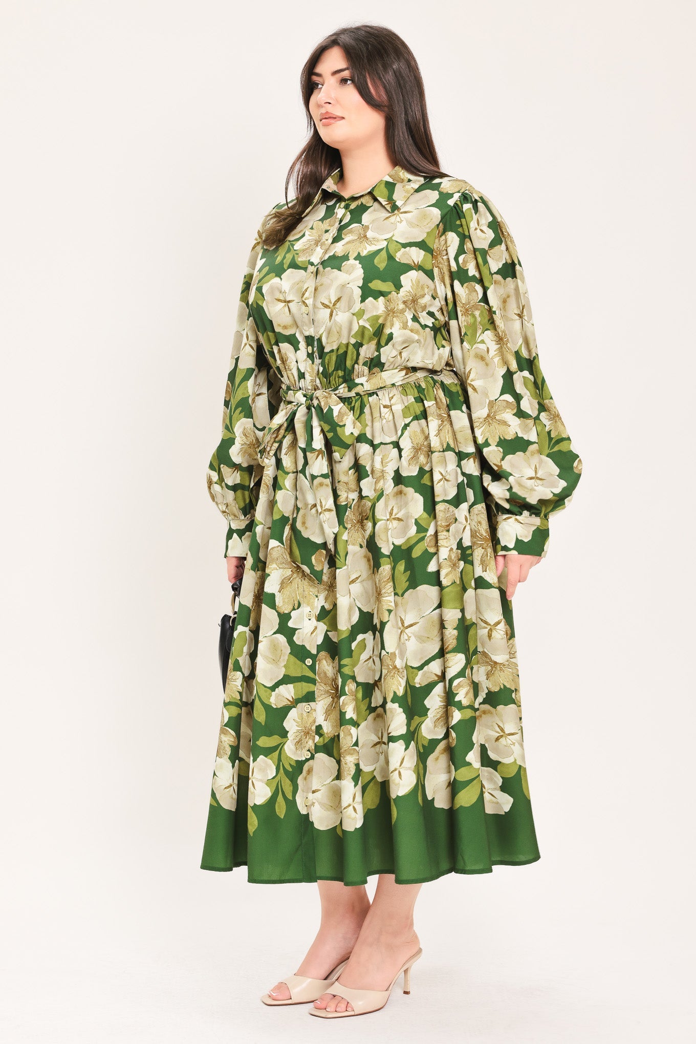 Flying Tomato Evergreen Camellia Dream Woven Midi Shirt Dress view 16