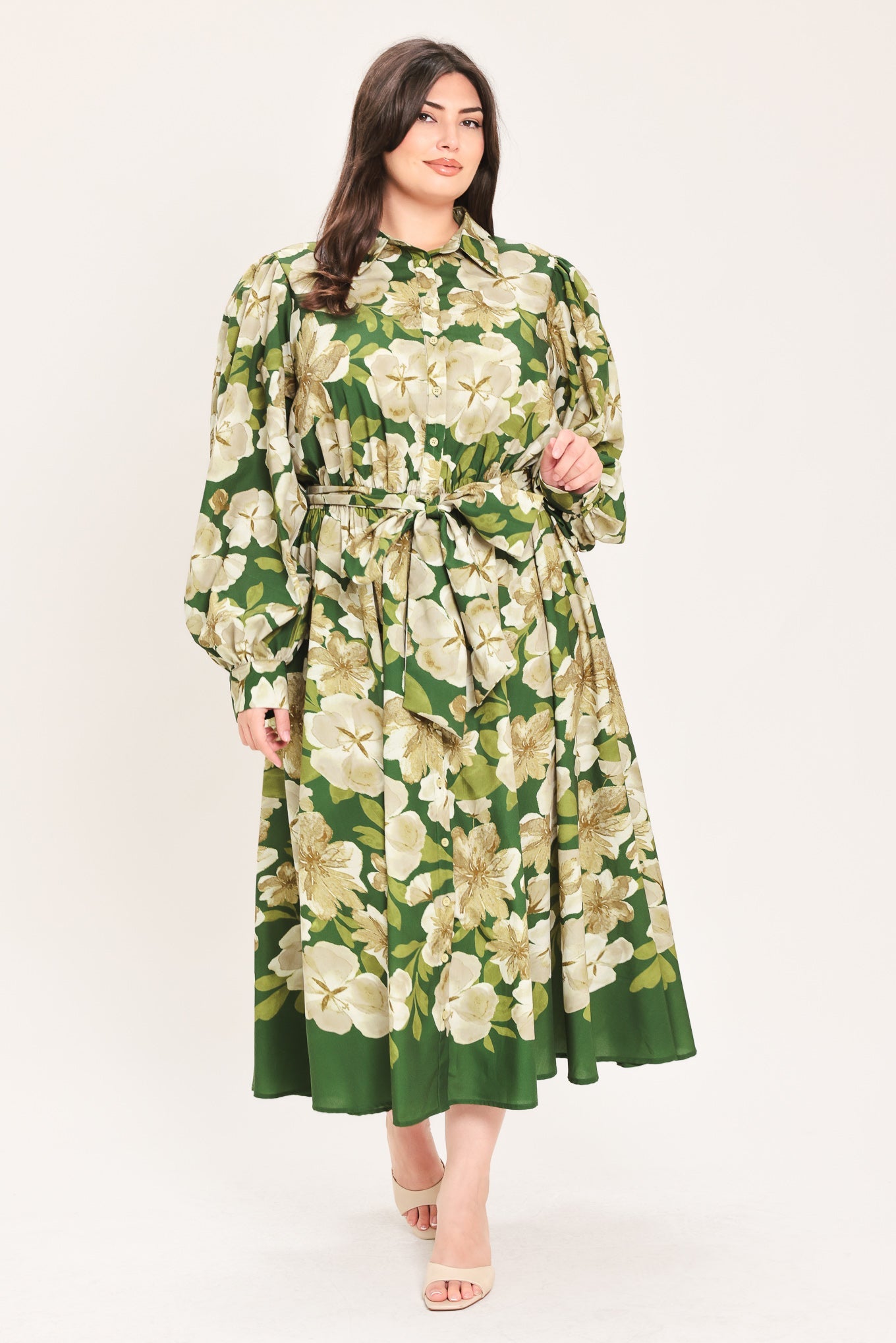Flying Tomato Evergreen Camellia Dream Woven Midi Shirt Dress view 17